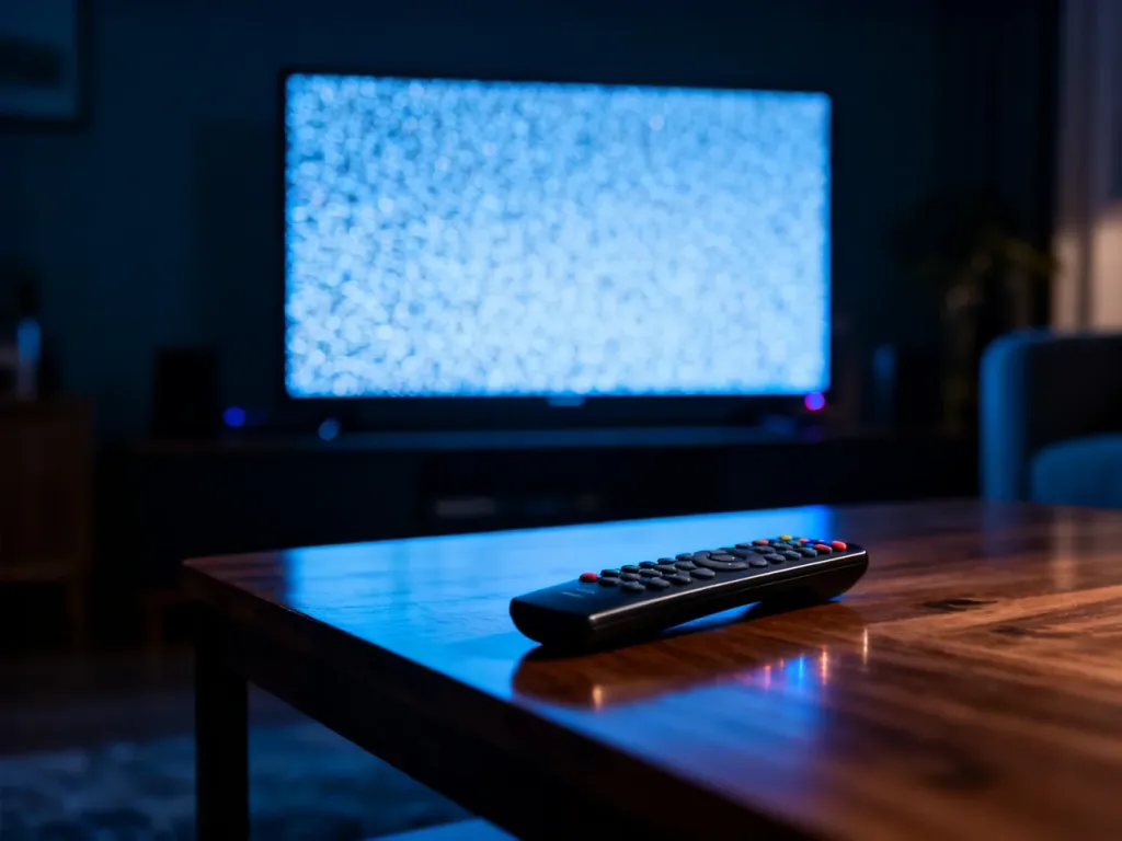 Nowoczesny telewizor z zakłóceniami obrazu i pilot leżący na stoliku w przyciemnionym salonie.
