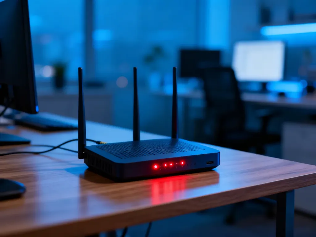 Nowoczesny router z czerwoną diodą sygnalizującą brak połączenia z internetem, ustawiony na drewnianym biurku.