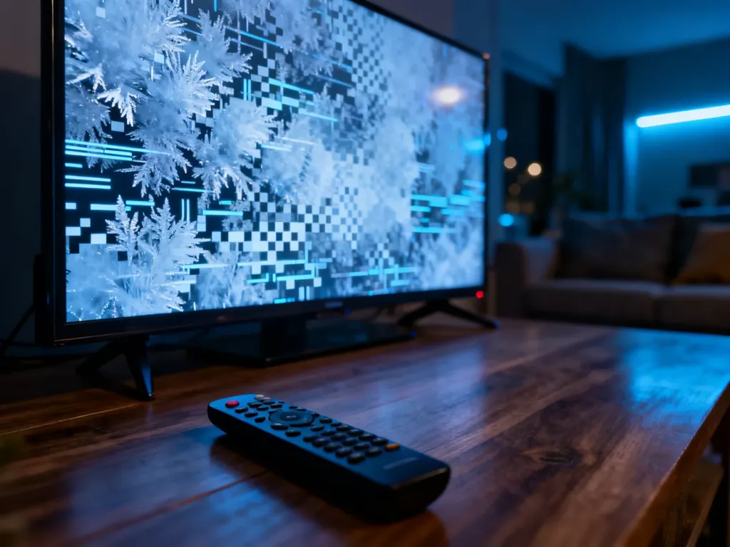 Zacinający się ekran telewizora z widocznymi błędami cyfrowymi oraz pilot leżący na drewnianym stole w przyciemnionym salonie.