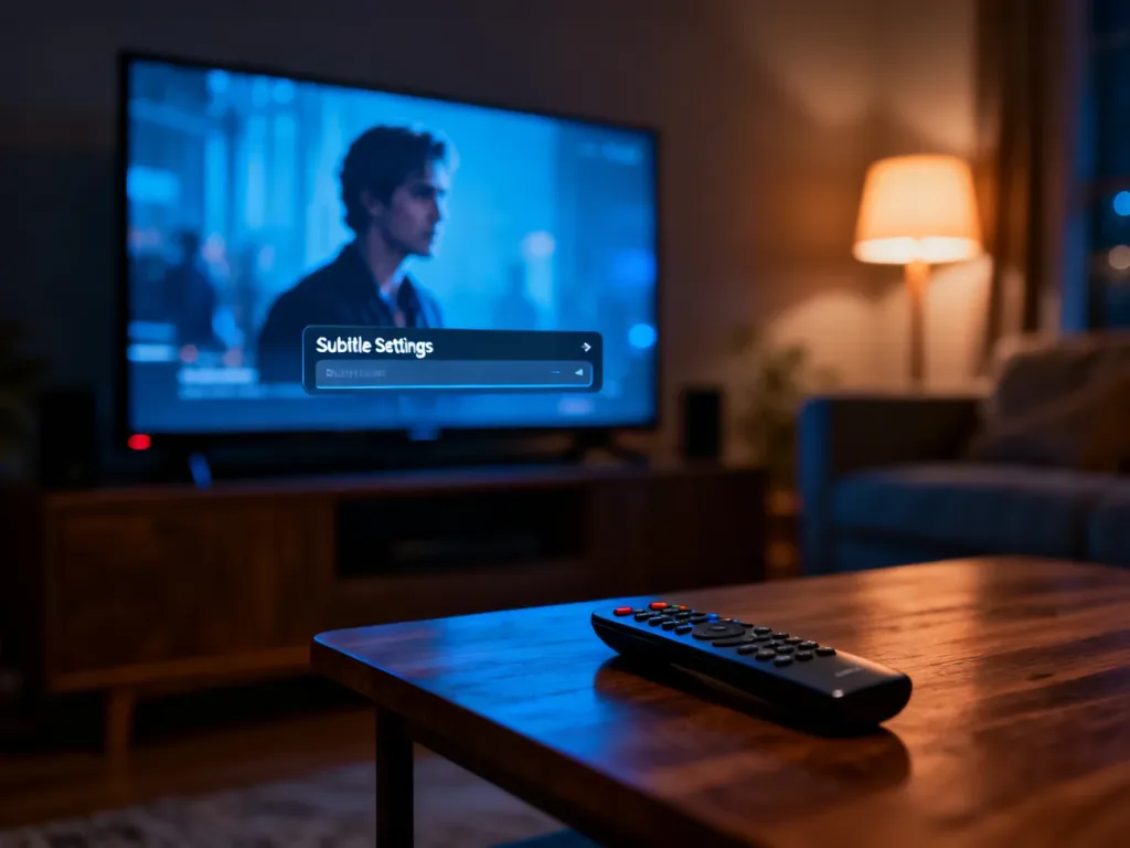 Ekran telewizora z otwartym menu ustawień napisów oraz pilot leżący na stoliku w przytulnym salonie.