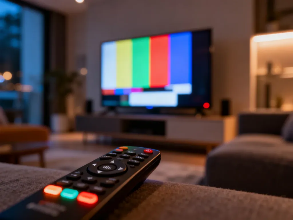 Nowoczesny telewizor z kolorowym obrazem testowym oraz pilot z wyróżnionymi przyciskami głośności w przytulnym salonie.