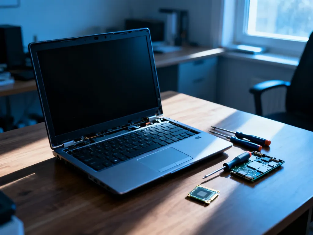 Otwarty laptop z czarnym ekranem na biurku obok narzędzi serwisowych, sugerujący naprawę niedziałającego sprzętu.
