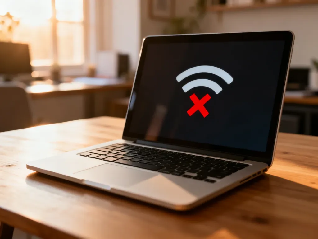 Ekran laptopa z ikoną rozłączonego Wi-Fi z czerwonym krzyżykiem na drewnianym biurku.