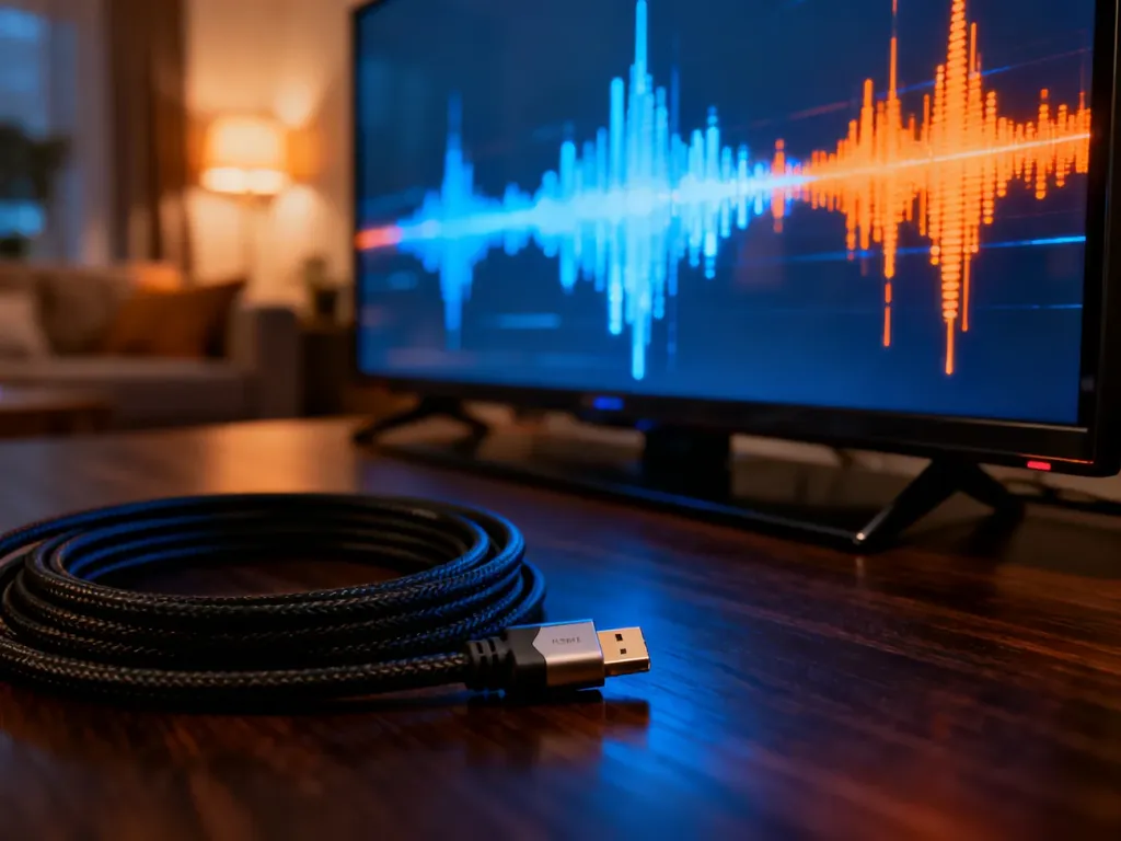 Cyfrowa fala dźwiękowa na ekranie telewizora oraz kabel HDMI, ilustrujące problem z synchronizacją audio.